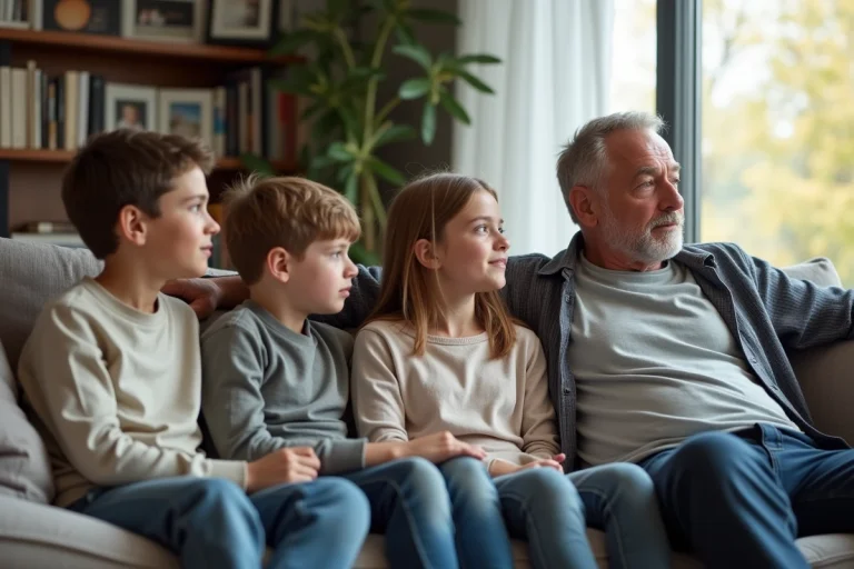 Famille assise sur un canapé dans un salon chaleureux