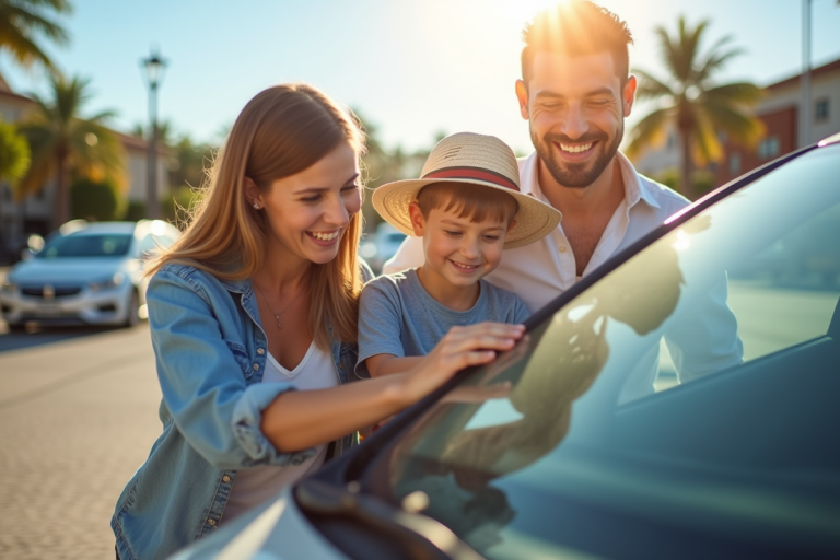 Famille souriante vérifiant une voiture en plein air en vacances
