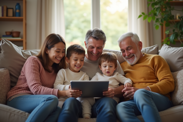 Famille multigenerational souriante en visioconference