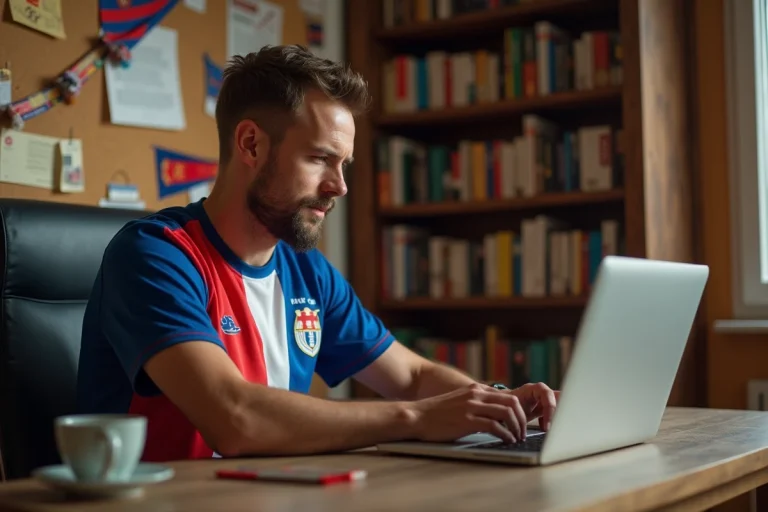 Fan de football en maillot de Ligue 2 consultant un forum sur son ordinateur portable dans un bureau à domicile décoré de souvenirs sportifs