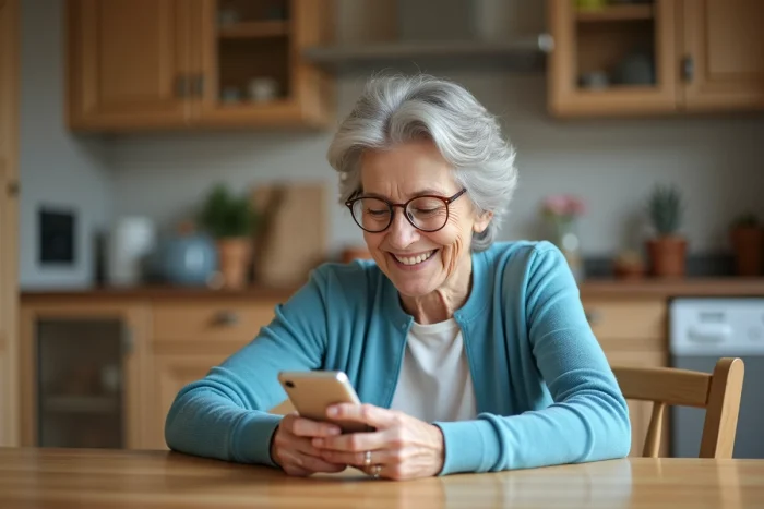 Femme agee souriante utilisant un téléphone Doro dans la cuisine