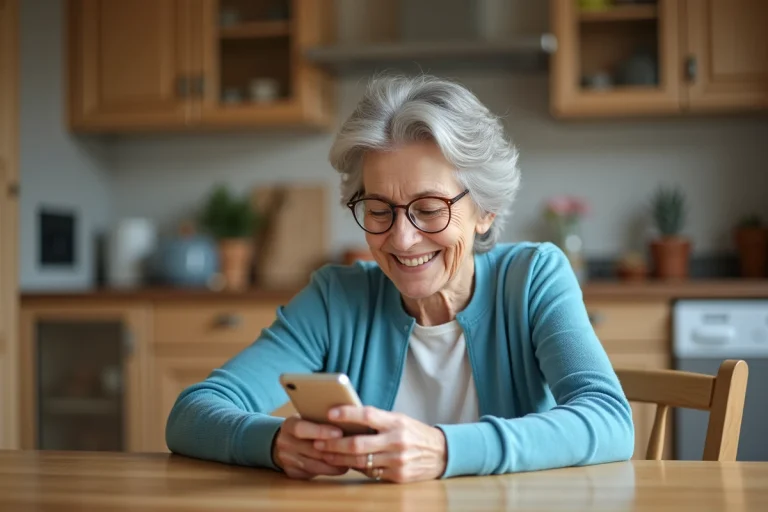 Femme agee souriante utilisant un téléphone Doro dans la cuisine