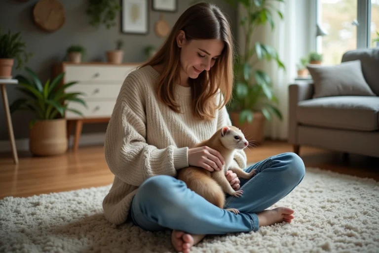 Jeune femme avec un ferret dans un salon chaleureux