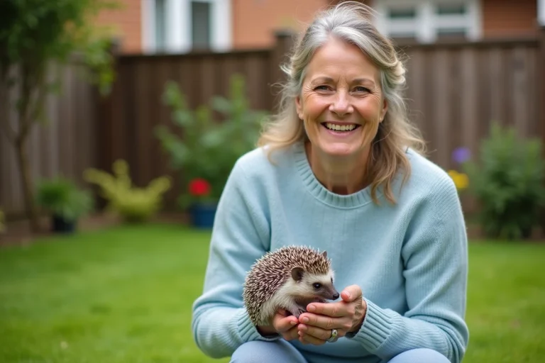 Femme souriante avec hérisson dans un jardin verdoyant