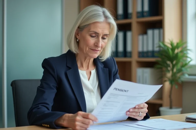 Femme professionnelle consultant des documents de retraite PTT dans un bureau administratif moderne
