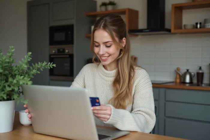 Femme décontractée utilisant son ordinateur dans la cuisine