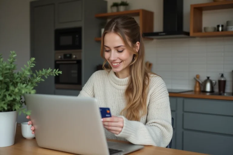 Femme décontractée utilisant son ordinateur dans la cuisine