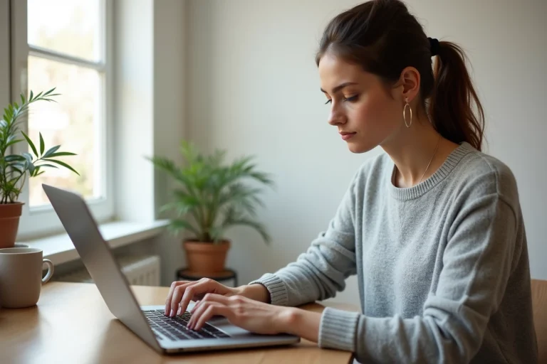 Femme connectée à son espace membre en ligne sur un ordinateur portable dans un bureau à domicile moderne