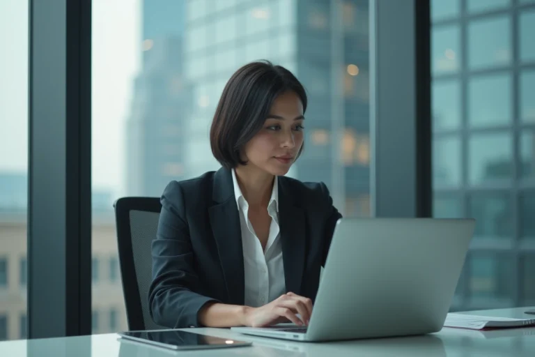 Femme d'affaires concentrée devant un tableau de bord numérique