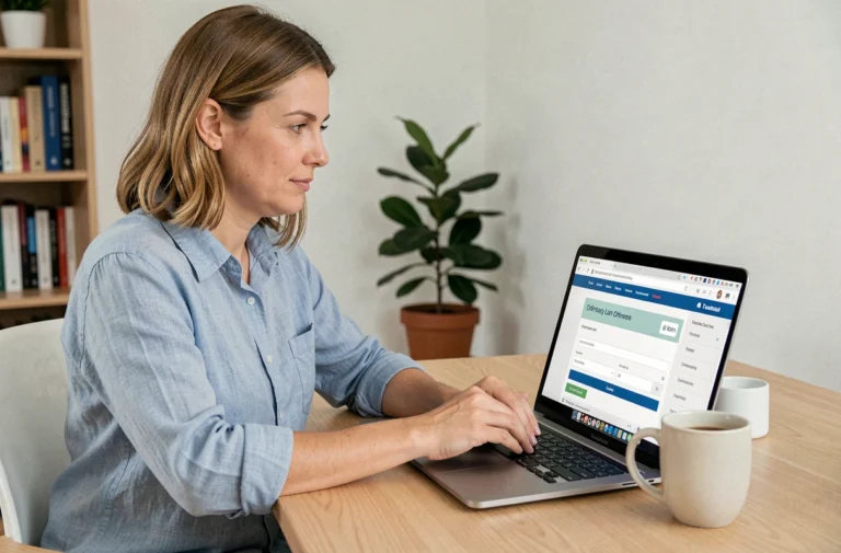 Femme demandant un crédit express en ligne depuis son bureau à domicile sur un ordinateur portable