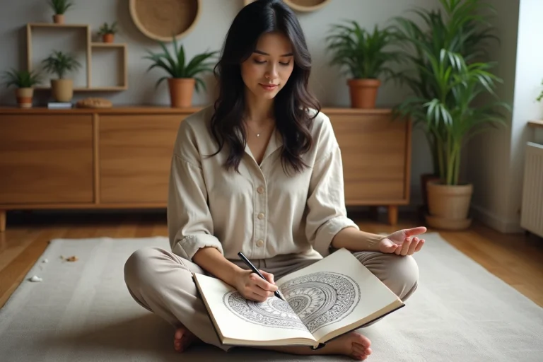 Femme pratiquant le dessin énergétique avec un carnet de croquis et un stylo encre dans un studio créatif naturel