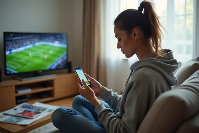 Jeune femme consultant un forum Ligue 2 sur son smartphone depuis son salon, entourée de magazines de football