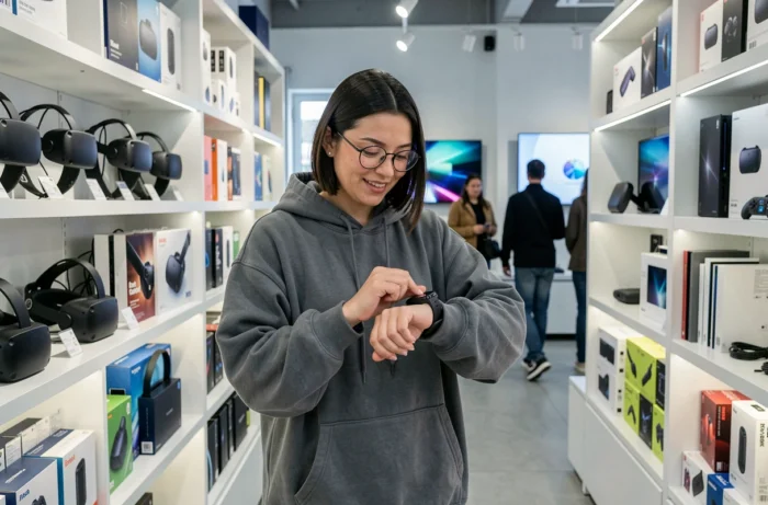 Femme geek en train d'examiner une montre connectée dans un magasin d'électronique moderne