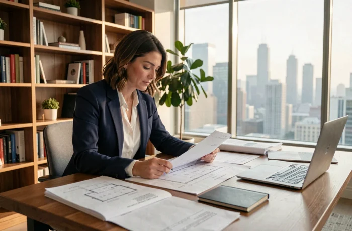 Femme professionnelle analysant des documents immobiliers et des plans architecturaux dans un bureau moderne, stratégie d'investissement immobilier 2024