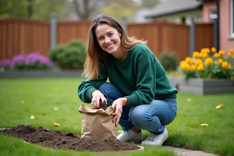 Femme souriante en jardin plantant des fleurs au printemps