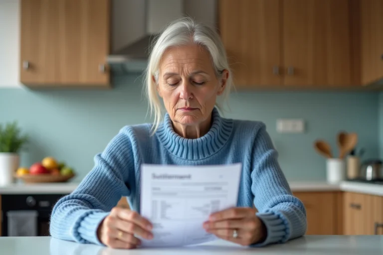 Femme d'âge moyen examine un relevé bancaire dans une cuisine lumineuse