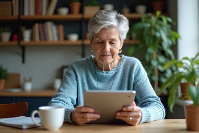 Femme d'âge moyen lisant les actualités sur une tablette dans la cuisine