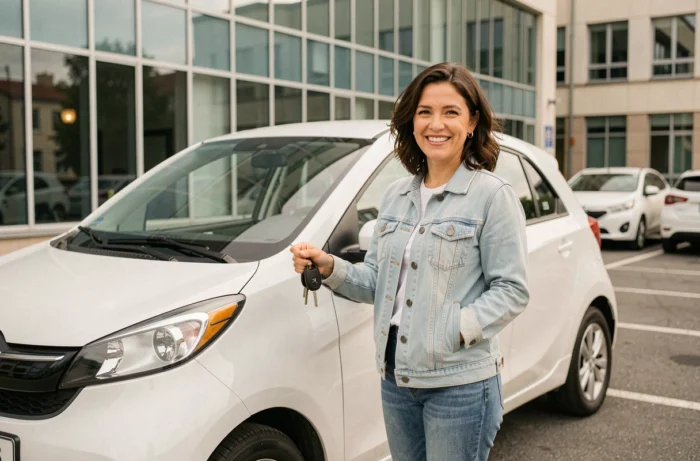 Femme souriante tenant les clés d'une voiture sans permis devant une agence de location urbaine