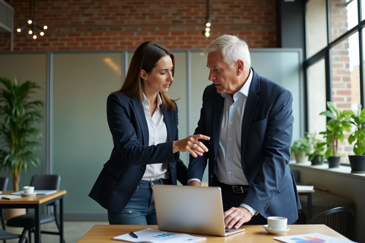 Jeune femme guidant un homme dans un espace de coworking lumineux