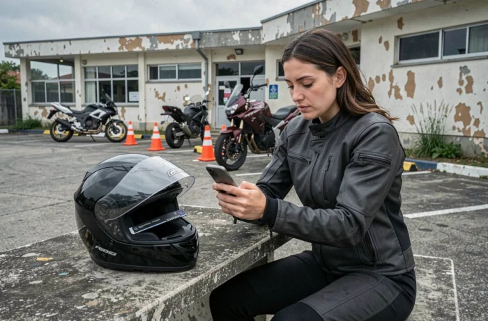 Femme motarde consultant une application de code moto sur smartphone devant un centre de formation