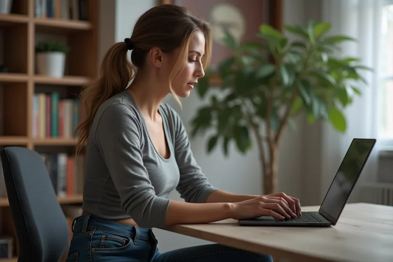 Femme assise à un bureau à la maison naviguant sur une page de gym