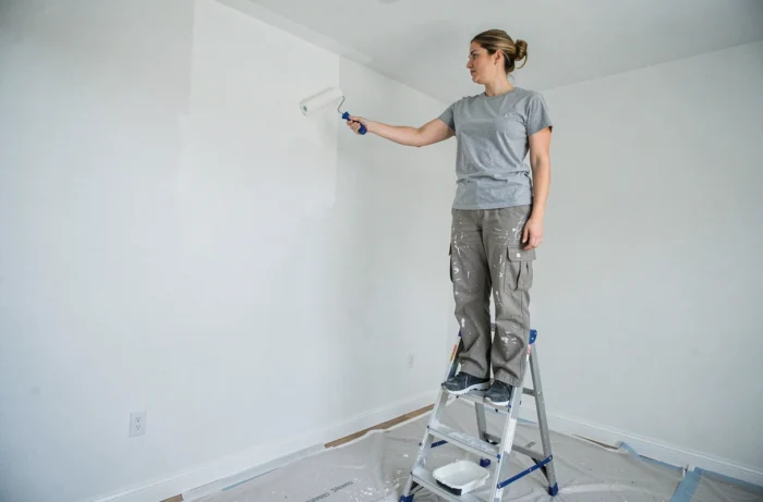 Femme peignant un mur blanc avec un rouleau dans une chambre en cours de rénovation