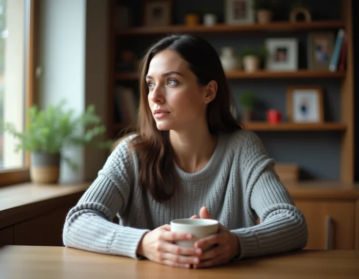 Femme pensive assise seule à une table en bois dans une cuisine, tenant une tasse, illustrant une réflexion sur la famille et la paternité