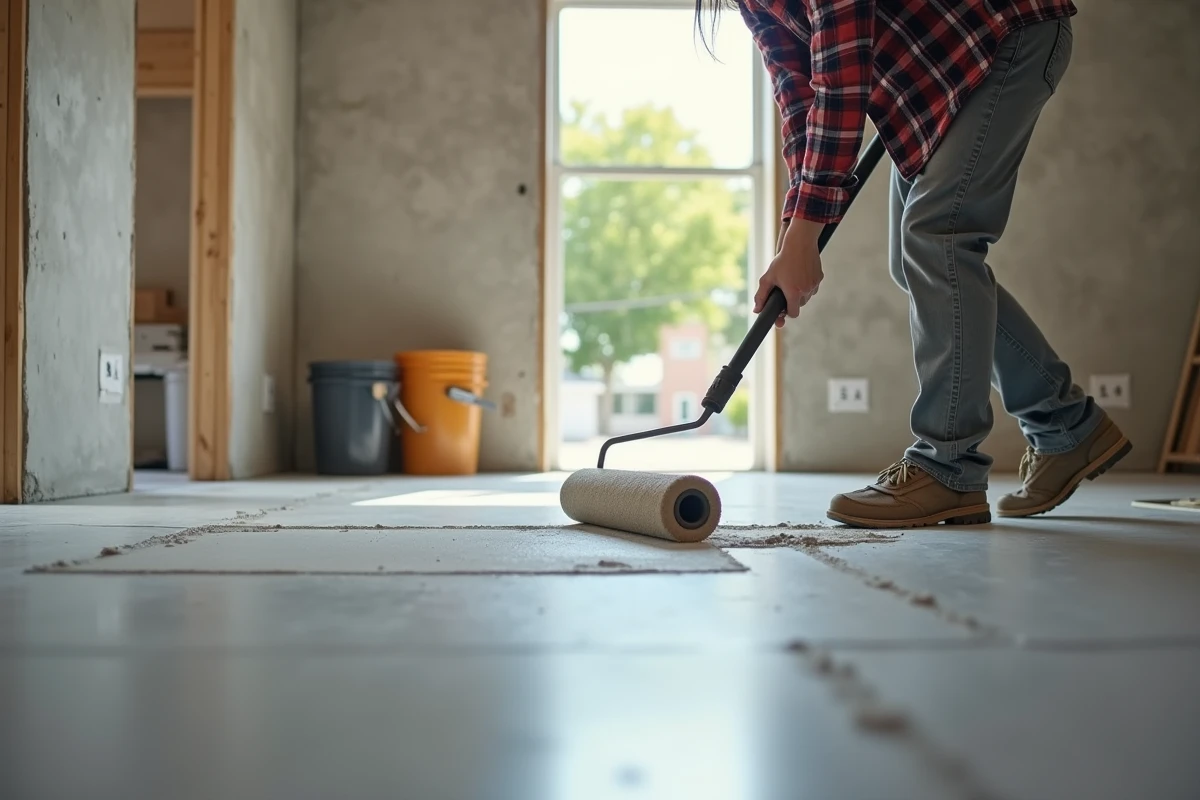 Jeune femme appliquant un agent de liaison sur un sol en beton intérieur