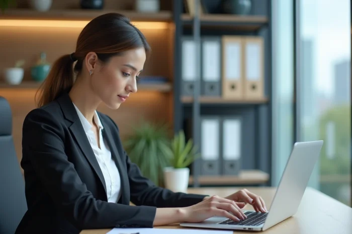 Femme d affaires regardant des documents de paie sur son ordinateur