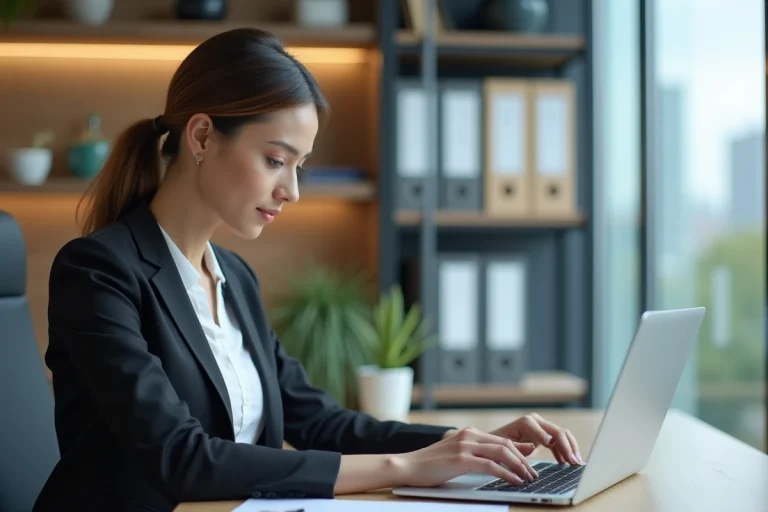 Femme d affaires regardant des documents de paie sur son ordinateur