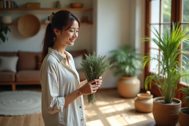 Femme paisible avec de la sauge dans une maison chaleureuse