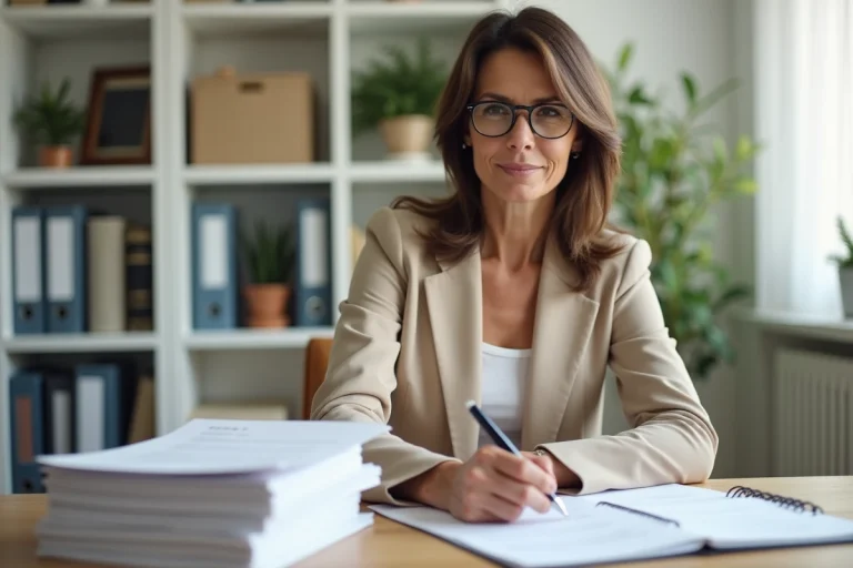 Femme signant des documents officiels pour quitter une copropriété verticale, assise à un bureau en bois dans un bureau à domicile organisé