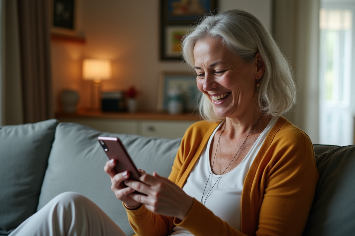 Femme souriante vérifiant son application bancaire sur smartphone