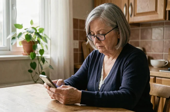 Une femme d'une cinquantaine d'années télécharge une application sur son smartphone à la table de cuisine pour gérer les démarches de tutelle d'un proche