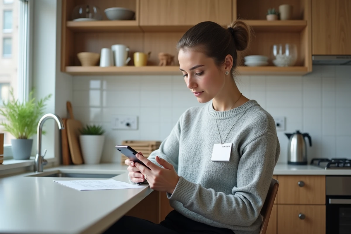 Jeune femme contrôlant un badge de sécurité dans sa cuisine