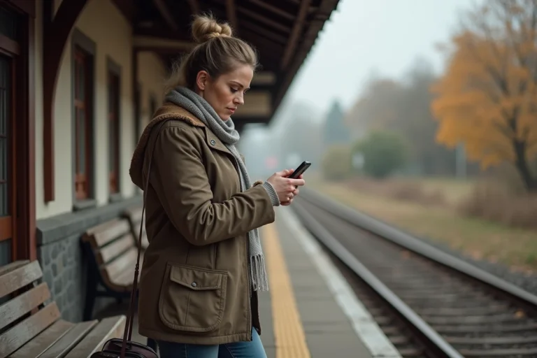 Femme en automne sur une petite gare contemplant son smartphone