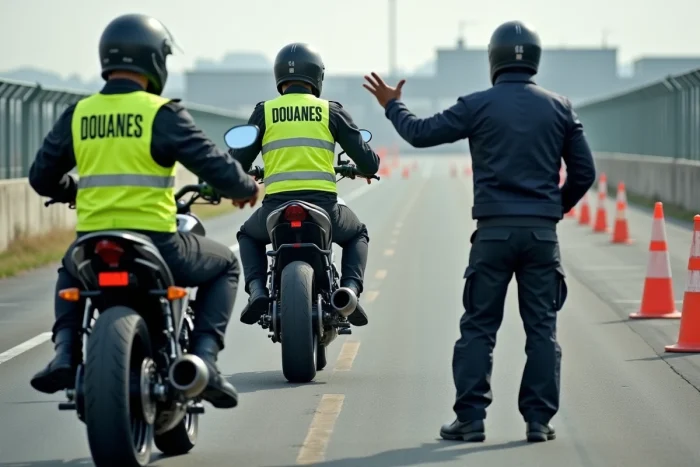 Stagiaires douaniers motards en formation sur circuit de manœuvre avec instructeur et cônes de signalisation
