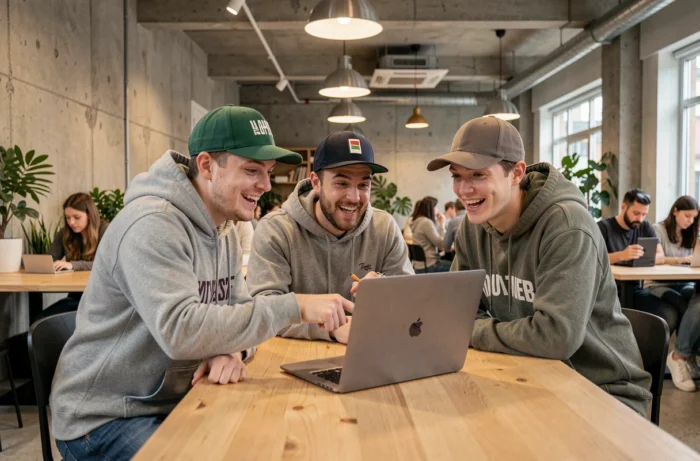 Groupe d'amis geeks discutant des dernières actualités tech autour d'un ordinateur portable dans un espace de coworking