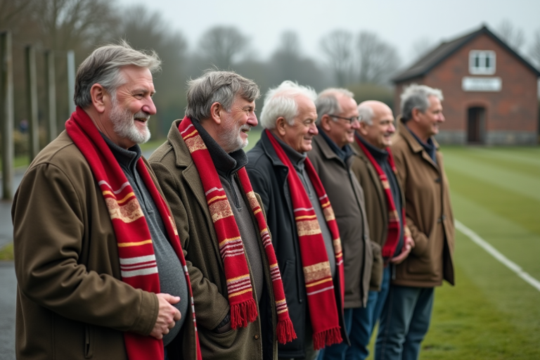 Groupe d'hommes d'âge moyen et plus âgés souriants au bord du terrain