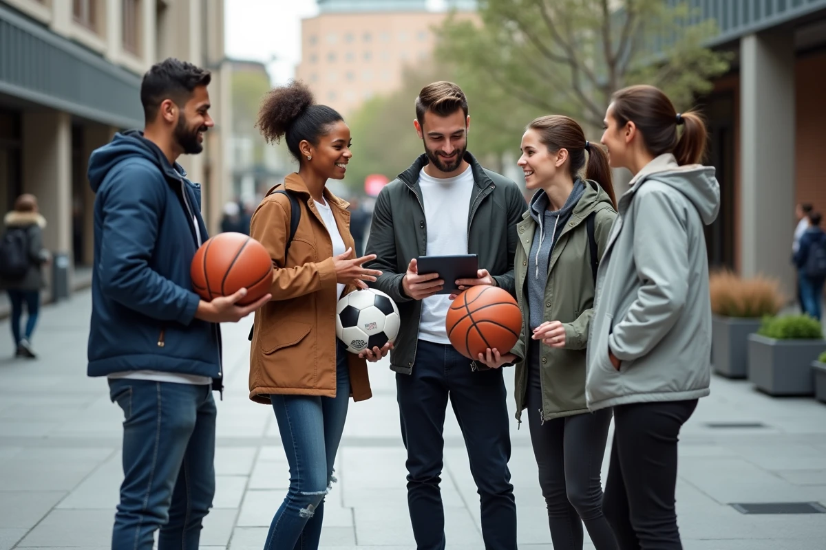 Groupe de jeunes avec equipements sportifs en discussion en ville