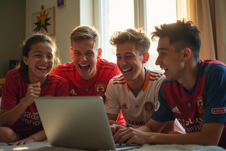 Jeunes adultes en sport à la maison autour d'un ordinateur