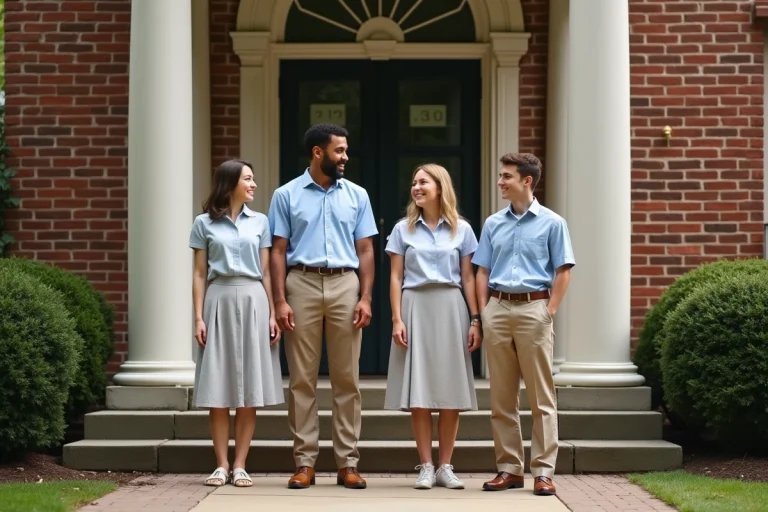 Groupe de jeunes devant une chapelle classique en dimanche