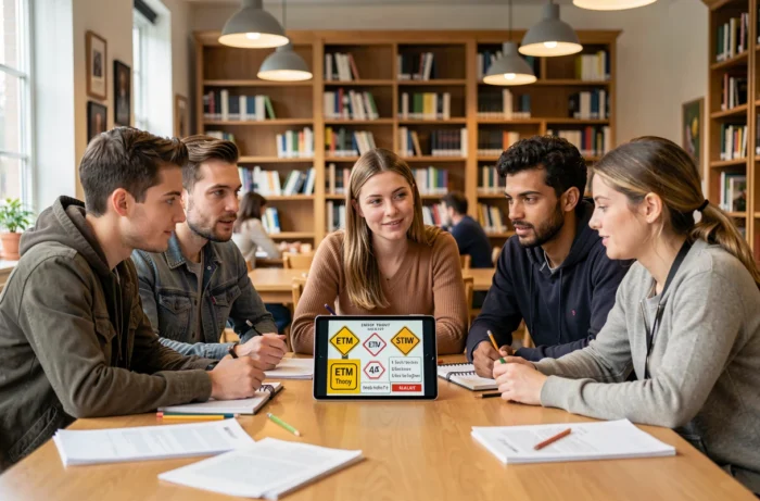 Groupe d'étudiants révisant ensemble les questions de l'examen moto ETM sur une tablette en bibliothèque