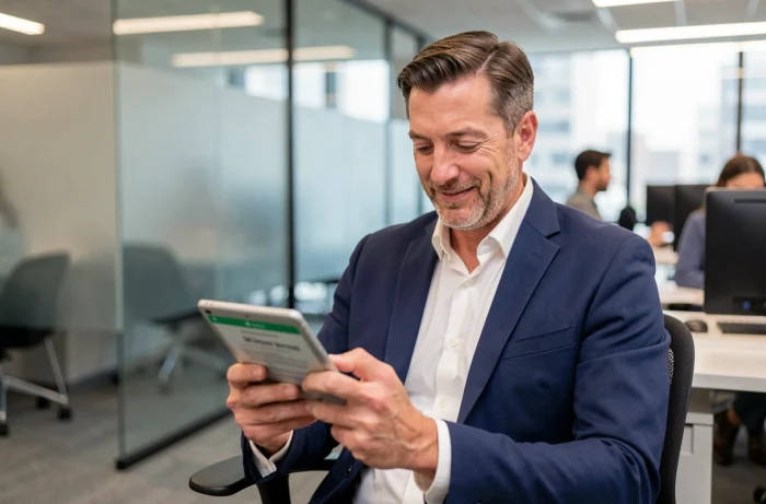 Homme recevant une approbation de crédit rapide sur tablette dans un espace de travail moderne