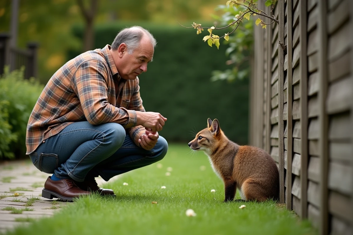 Homme regardant une fouine dans un jardin en plein air