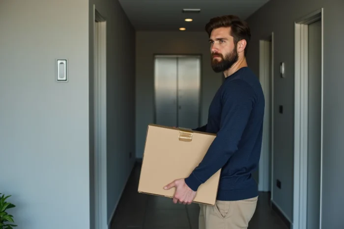 Homme portant un carton de déménagement dans le couloir d'un immeuble en copropriété verticale lors de son départ
