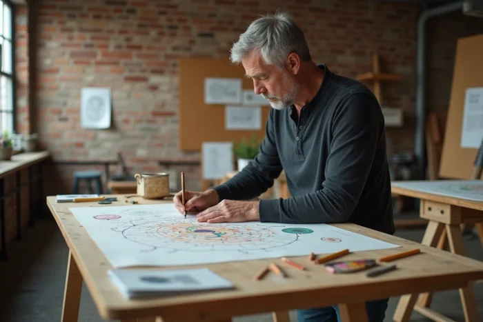 Homme créant des dessins énergétiques abstraits sur table à dessin dans un atelier d'art authentique