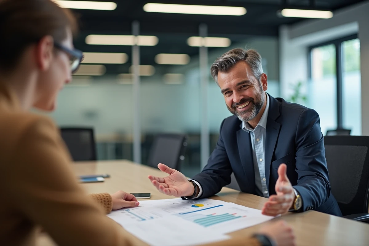 Homme souriant discutant de solutions de paie avec un collègue
