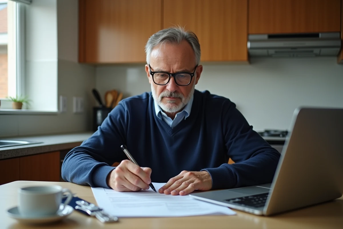 Homme remplissant un formulaire dans une cuisine ordinaire