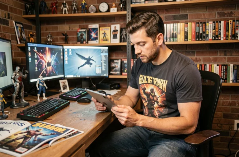 Homme geek consultant des actualités tech sur tablette dans un bureau rempli de figurines et claviers mécaniques
